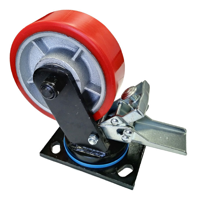 41954 -  Grip 200mm 1400kg  Polyurethane on Cast Iron Wheel  Castor Swivel Plate With Brake