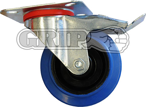 42069 - Grip 200mm 280kg Blue Elastic Rubber Wheel Castor Swivel Plate With Brake