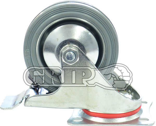 43059 - Grip 125mm 100kg Grey Rubber Wheel Castor Swivel Plate With Brake