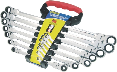 A89801 - 7 Pc Extra Long Double Ring Flex-Head Ratchet Spanners