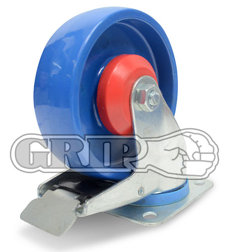41980 - Grip 100mm 200kg Blue Nylon Wheel Castor Swivel Plate With Brake