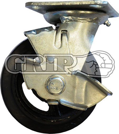 42086 - Grip 150mm 250kg Rubber on Cast Iron Wheel Castor Swivel Plate With Brake